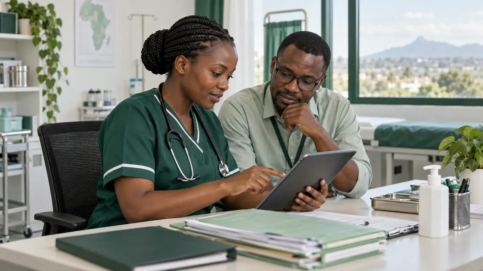 Illustration of a nurse and a health information professional reviewing a tablet in an African clinic