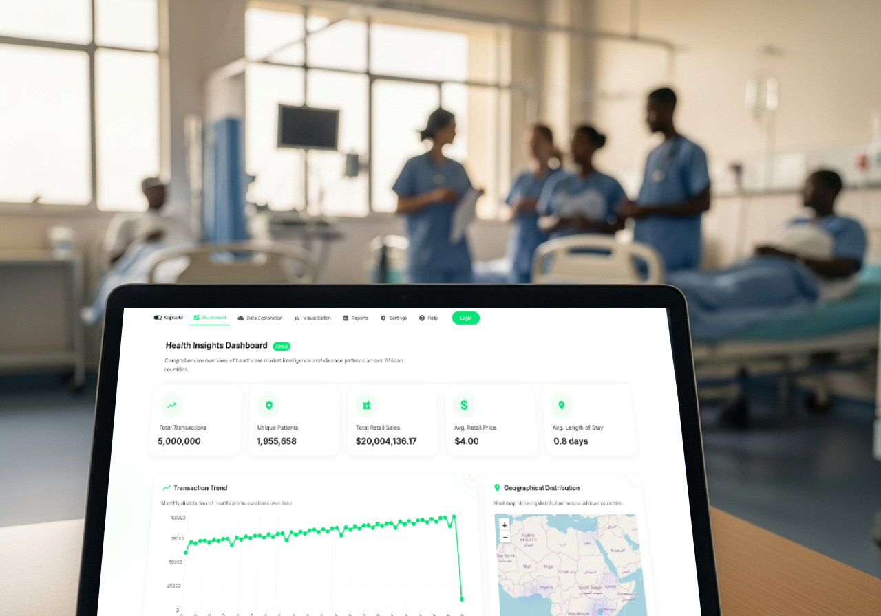 Researchers reviewing healthcare data dashboards in an African hospital