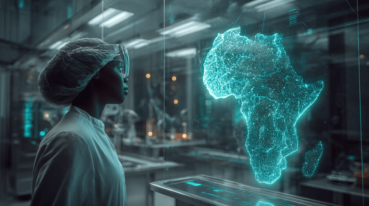 African scientist analysing holographic map of Africa in lab